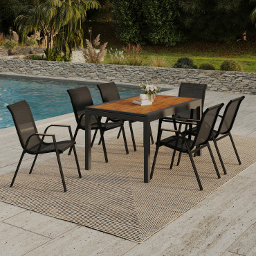 Ensemble repas extensible Timbia 12 places noir et verre trempé effet bois