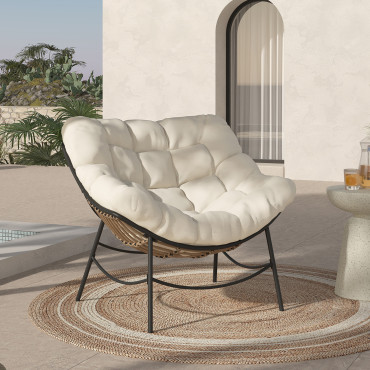 Fauteuil de jardin Lois rotin et coussin écru