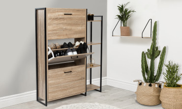 Meuble à chaussures industriel Alan 3 portes + étagère latérale - 18 paires