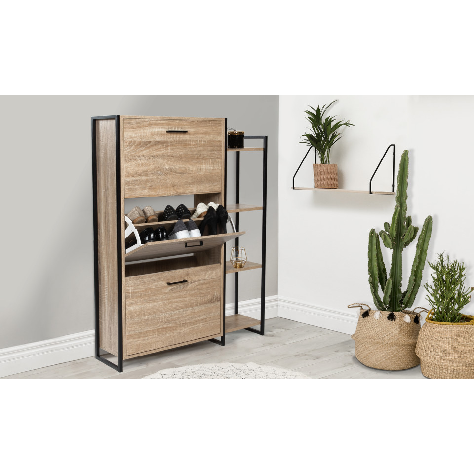 Meuble à chaussures industriel Alan 3 portes + étagère latérale - 18 paires