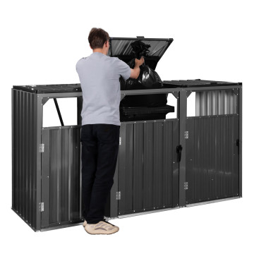 Cache poubelles triple en métal gris anthracite