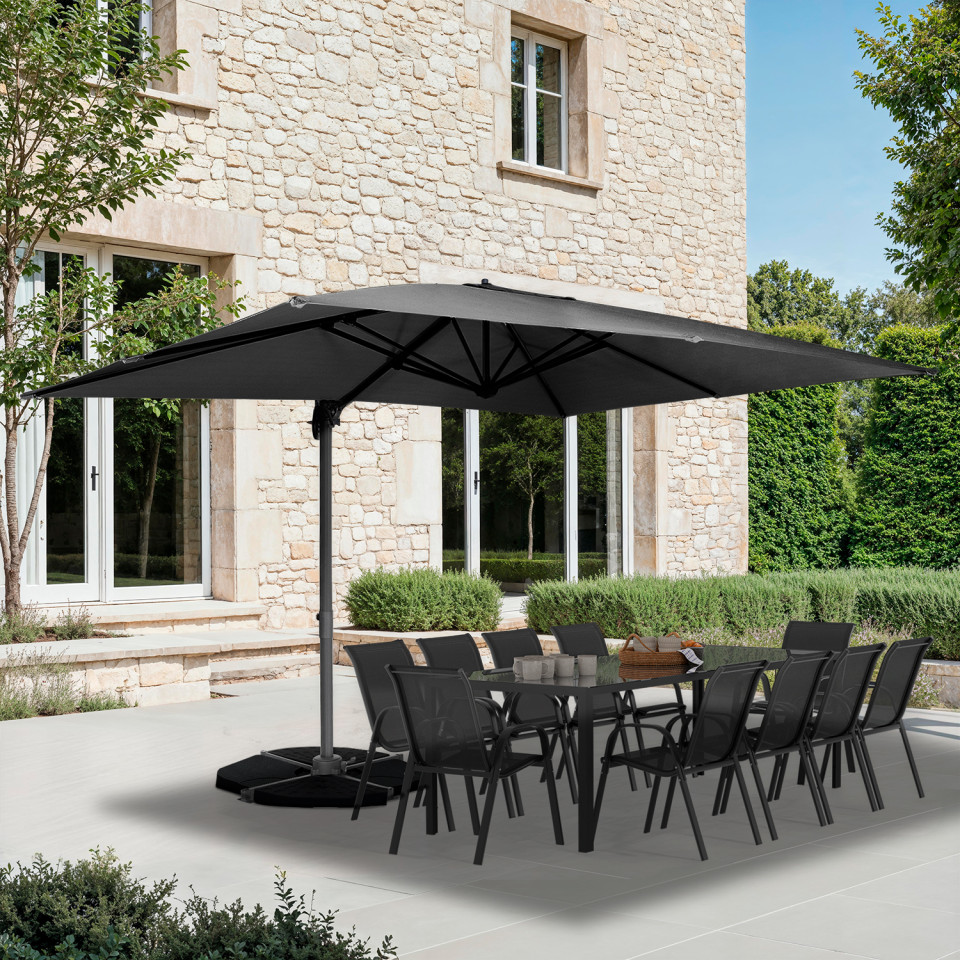 Parasol Sombra 360° rectangle gris 4x3m avec housse et dalles