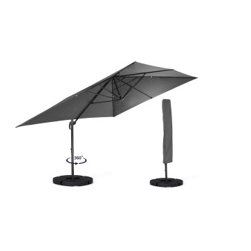 Parasol Sombra 360° rectangle gris 4x3m avec housse et dalles