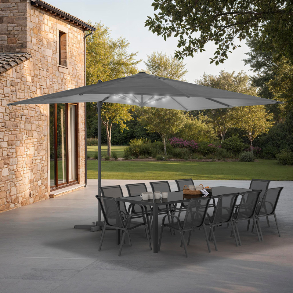 Parasol Sombra 360° rectangle 4x3m gris + housse et éclairage LED