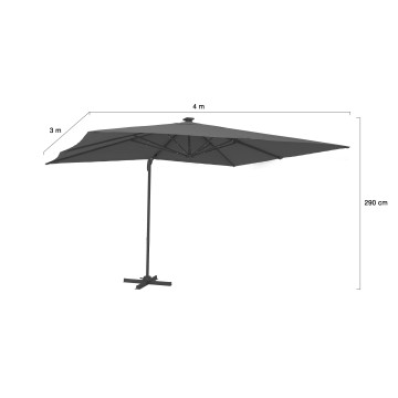 Parasol Sombra 360° rectangle 4x3m gris + housse et éclairage LED