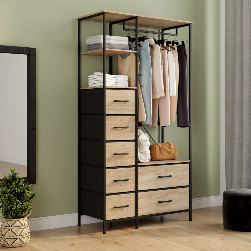 Dressing Iris penderie et 7 tiroirs bois et noir