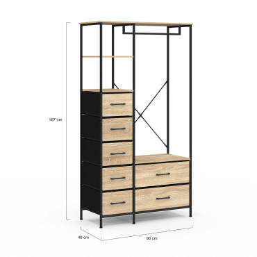 Dressing Iris penderie et 7 tiroirs bois et noir