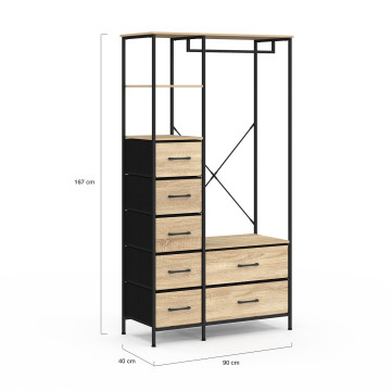 Dressing Iris penderie et 7 tiroirs bois et noir