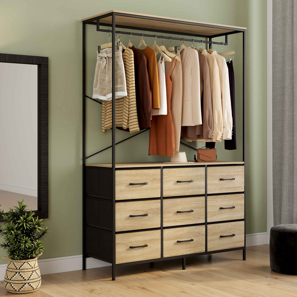 Dressing Iris penderie et 9 tiroirs bois et noir
