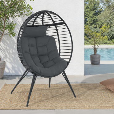 Fauteuil œuf sur pied effet rotin gris avec coussin