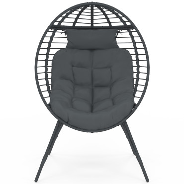 Fauteuil œuf sur pied effet rotin gris avec coussin