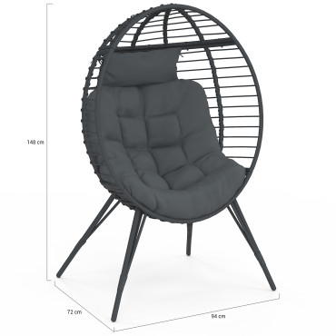 Fauteuil œuf sur pied effet rotin gris avec coussin