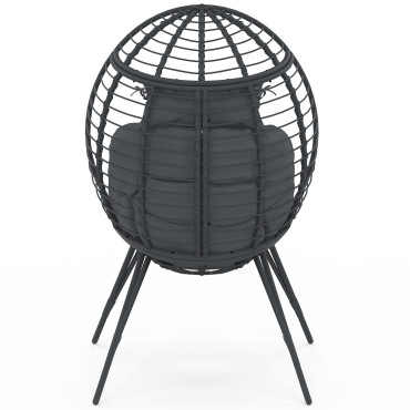 Fauteuil œuf sur pied effet rotin gris avec coussin