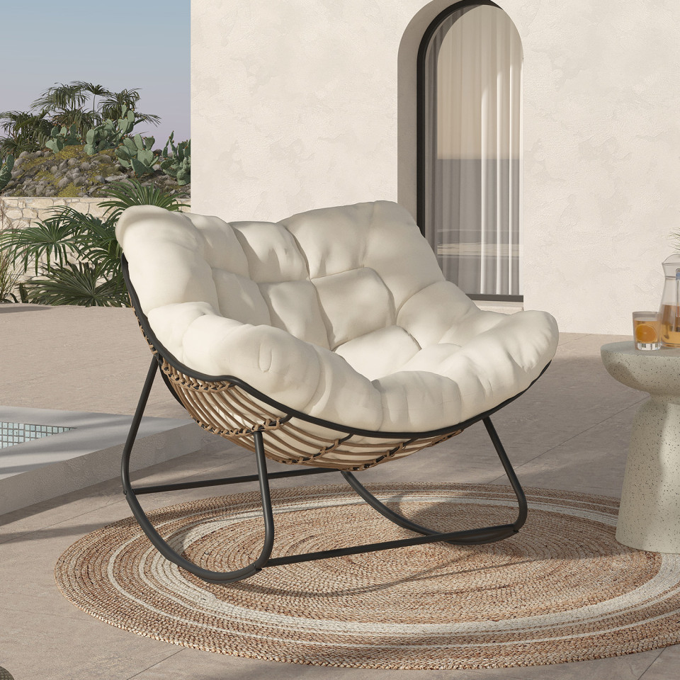 Fauteuil de jardin à bascule Lois rotin et coussin écru