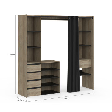 Dressing Justine extensible 120-180cm effet bois 5 tiroirs double colonne