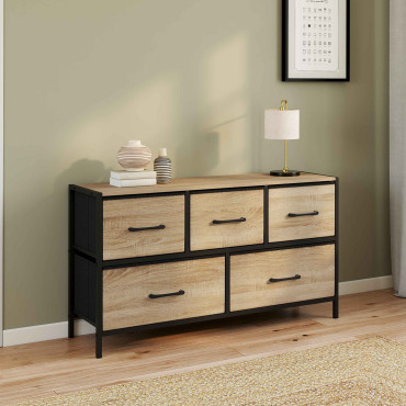 Commode Iris 5 tiroirs en bois et tissu