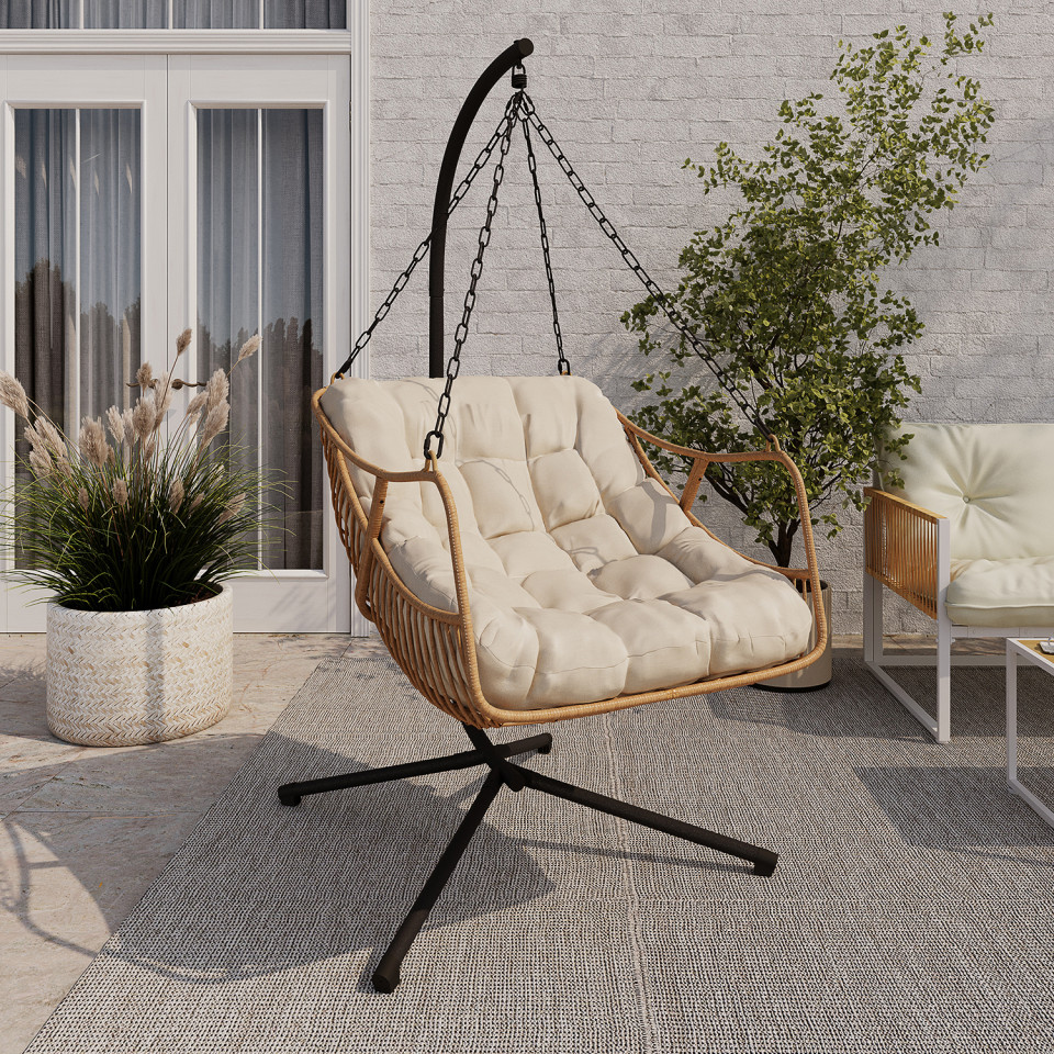 Fauteuil de jardin suspendu Lois effet rotin et coussin écru