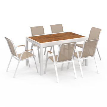 Ensemble repas extensible Timbia 12 places blanc verre trempé effet bois