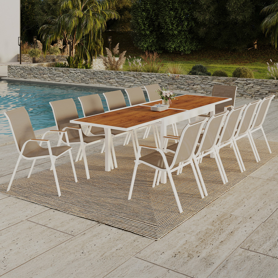 Ensemble repas extensible Timbia 12 places blanc verre trempé effet bois