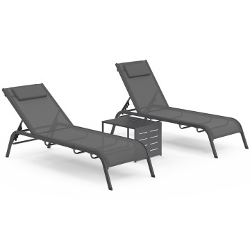 Transats inclinables Mindoro 5 positions avec table d'appoint - lot de 2