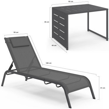 Transats inclinables Mindoro 5 positions avec table d'appoint - lot de 2