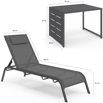 Transats inclinables Mindoro 5 positions avec table d'appoint - lot de 2
