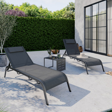 Transats inclinables Mindoro 5 positions avec table d'appoint - lot de 2