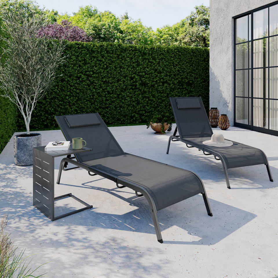 Transats inclinables Mindoro 5 positions avec table d'appoint - lot de 2