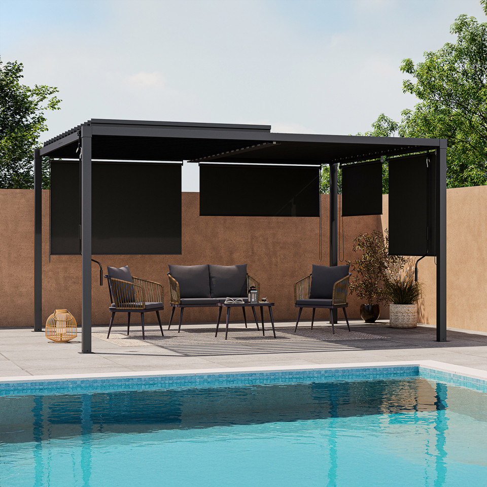 Pergola bioclimatique 3x4m lames orientables + 4 stores