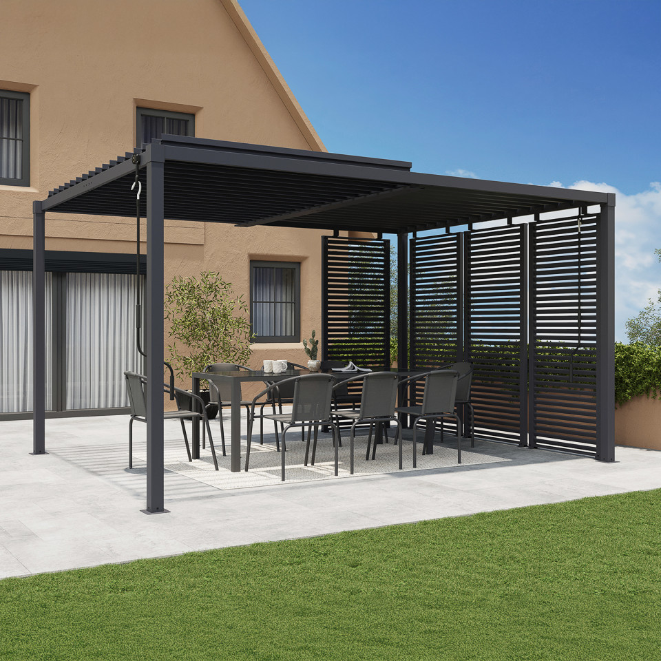 Pergola bioclimatique 3x4m lames orientables + 4 persiennes