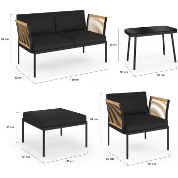 Salon de jardin Ozéa 4 places noir et cordage