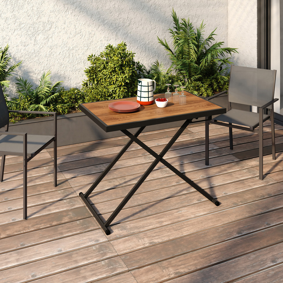 Table de jardin relevable Oleg 100cm verre trempé effet bois