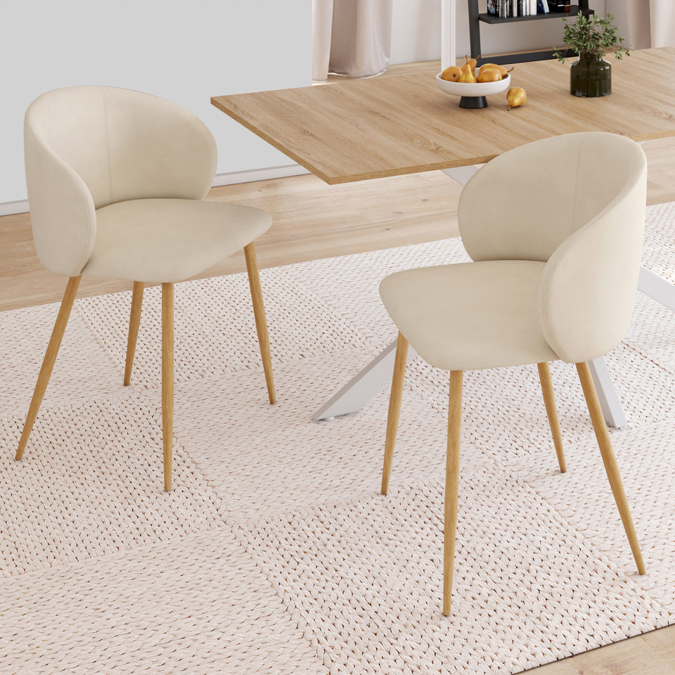 Chaises Léona velours crème et pieds métal bois - lot de 2