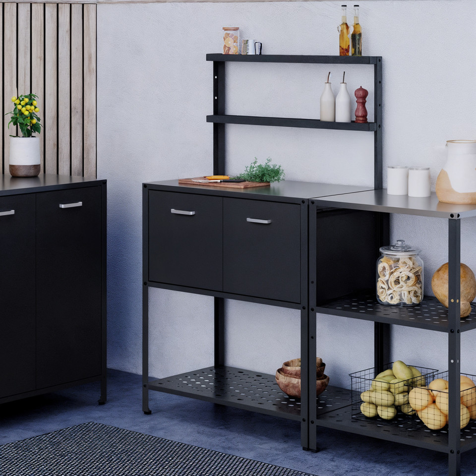 Meuble de cuisine extérieure Alméria 2 portes + étagères suspendues gris