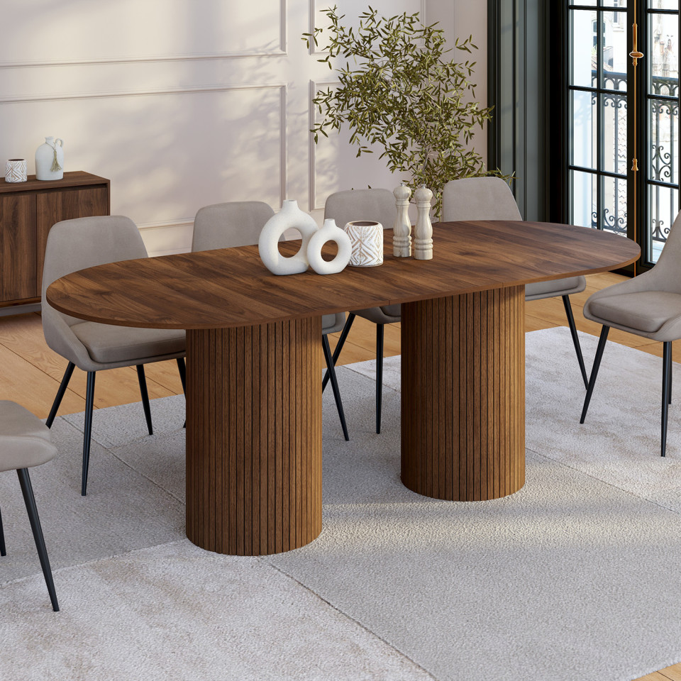 Table à manger extensible Albane 160-200cm 2 pieds pylône effet noyer