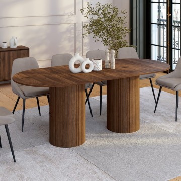 Table à manger extensible Albane 160-200cm 2 pieds pylône effet noyer