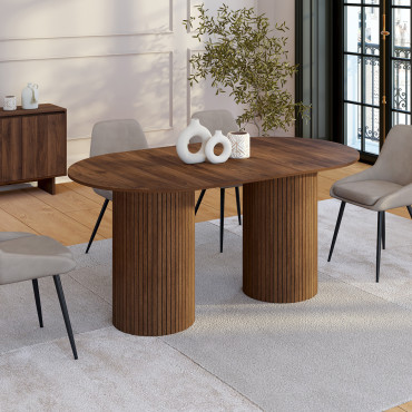 Table à manger extensible Albane 160-200cm 2 pieds pylône effet noyer