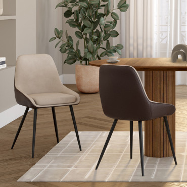 Chaises Ornella bi-matière taupe et marron pieds métal noirs - lot de 2