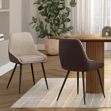 Chaises Ornella bi-matière taupe et marron pieds métal noirs - lot de 2