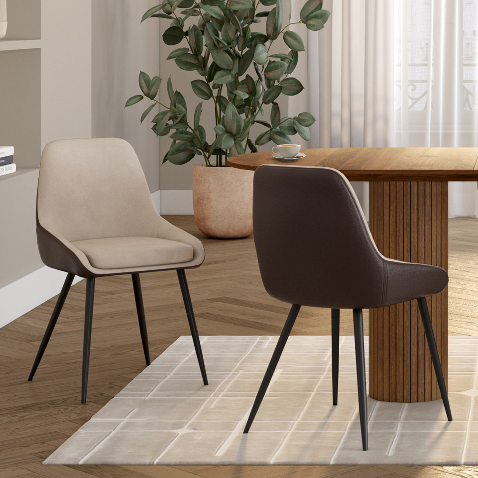 Chaises Ornella bi-matière taupe et marron pieds métal noirs - lot de 6