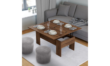 Table basse relevable et dépliante effet noyer