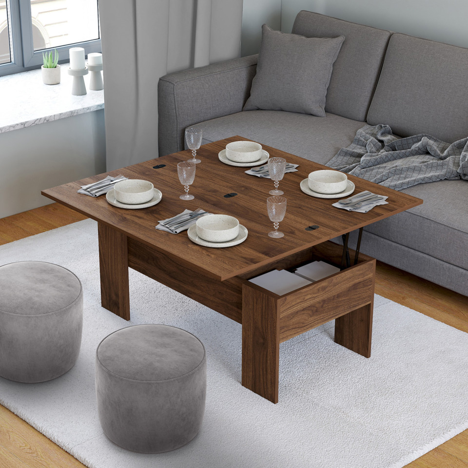 Table basse relevable et dépliante effet noyer