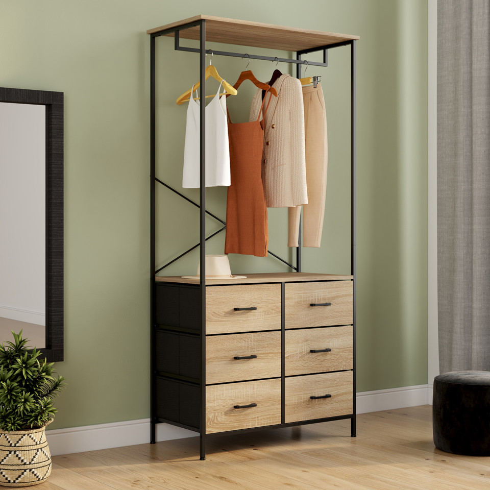 Dressing Iris penderie et 6 tiroirs bois et noir