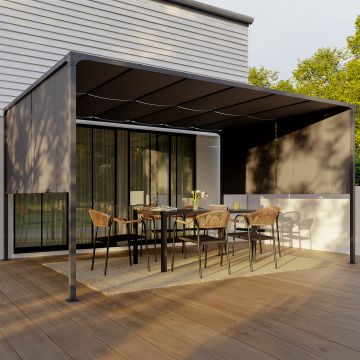 Pergola 3x4m + 2 toiles latérales coulissantes grises