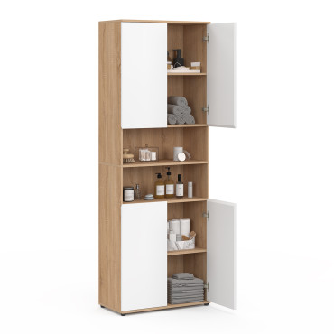 Armoire salle de bain Tom effet hêtre 4 portes blanches