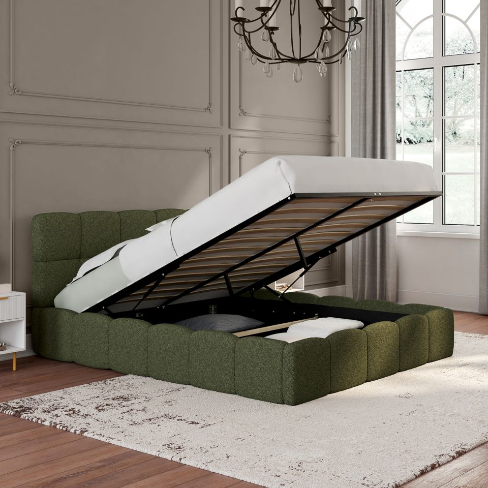 Lit coffre Bubble 140x190cm bouclette vert kaki