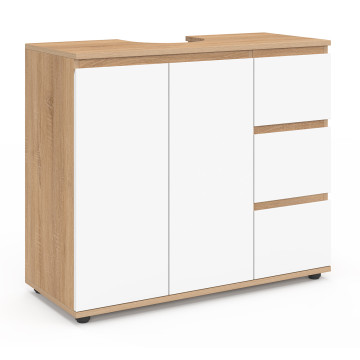 Meuble sous vasque Tom effet hêtre placards blancs