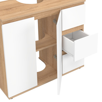 Meuble sous vasque Tom effet hêtre placards blancs