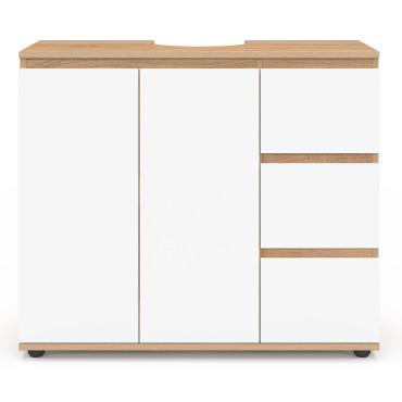 Meuble sous vasque Tom effet hêtre placards blancs