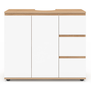 Meuble sous vasque Tom effet hêtre placards blancs
